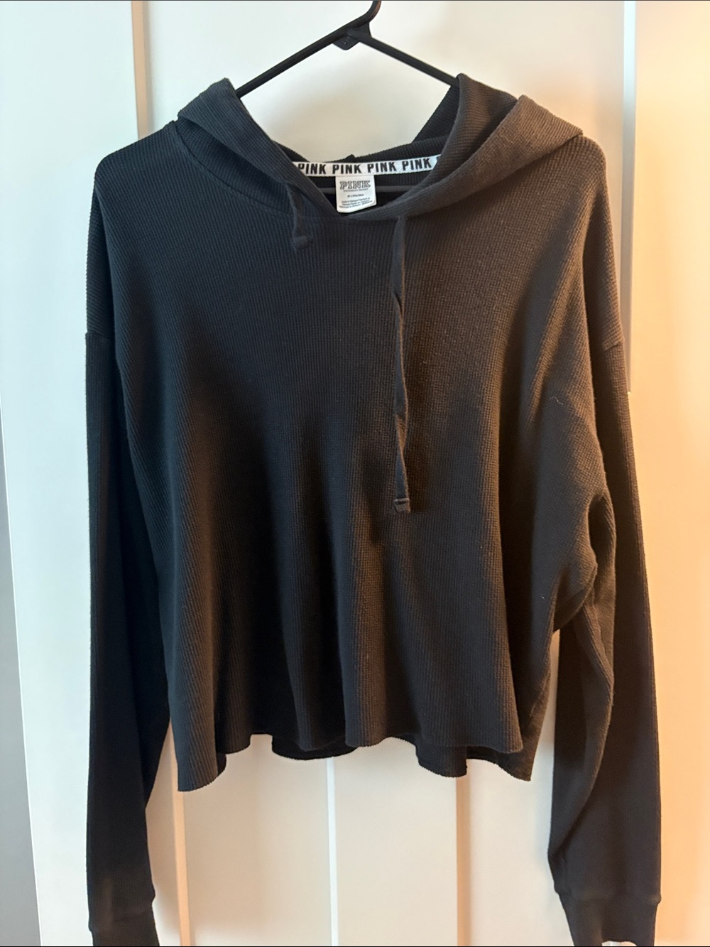 PINK Victoria's Secret Black Waffle-Knit Hooded Pullover